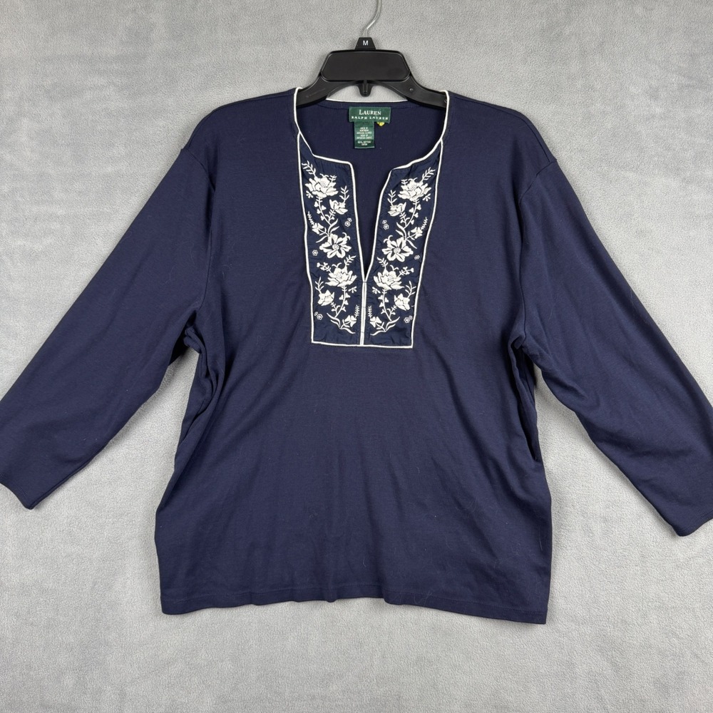 Lauren Ralph Lauren Navy Blue Floral Embroidered Split Neck Cotton Top XL
